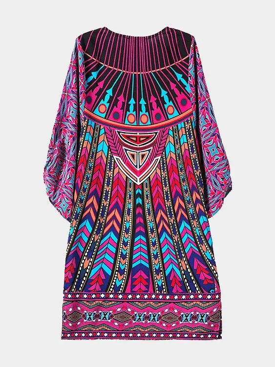 Wholesale Crew Neck Geometrical 3/4 Length Sleeve Slit Hem Midi Dress