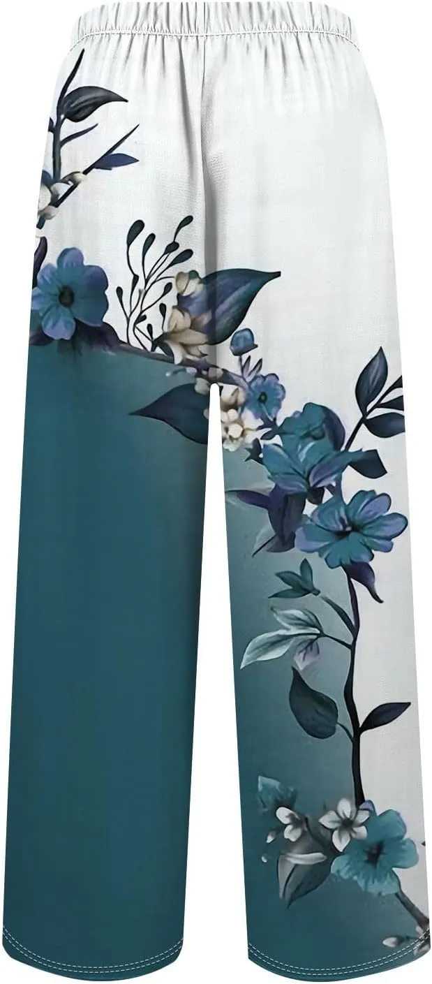 Women Casual High Waist Wide Leg Pants Fall Floral Long Lounge Beach Trousers Drawstring Flowy Baggy Palazzo