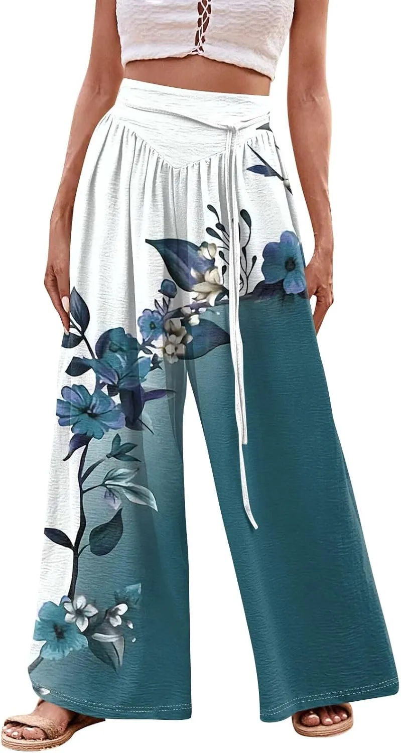 Women Casual High Waist Wide Leg Pants Fall Floral Long Lounge Beach Trousers Drawstring Flowy Baggy Palazzo