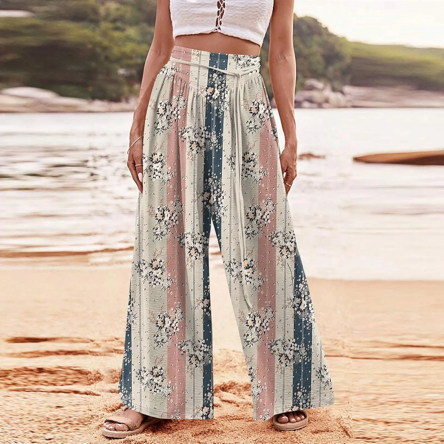 Women Casual High Waist Wide Leg Pants Fall Floral Long Lounge Beach Trousers Drawstring Flowy Baggy Palazzo