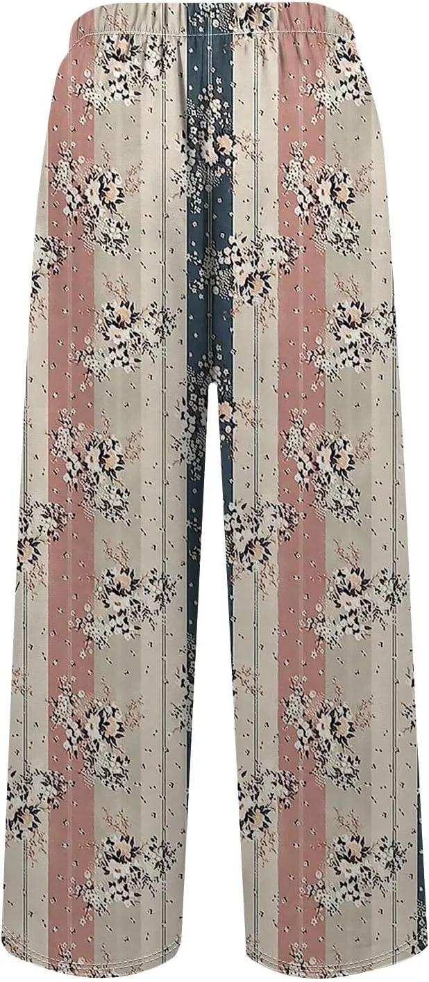 Women Casual High Waist Wide Leg Pants Fall Floral Long Lounge Beach Trousers Drawstring Flowy Baggy Palazzo