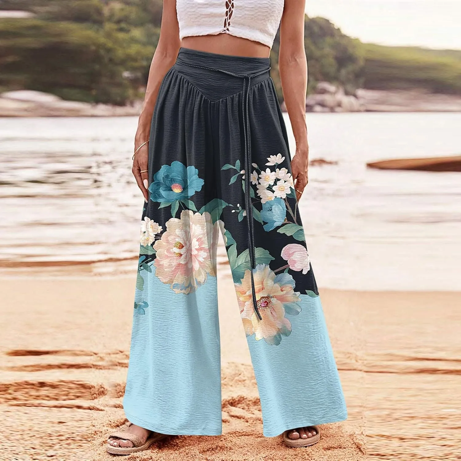 Women Casual High Waist Wide Leg Pants Fall Floral Long Lounge Beach Trousers Drawstring Flowy Baggy Palazzo