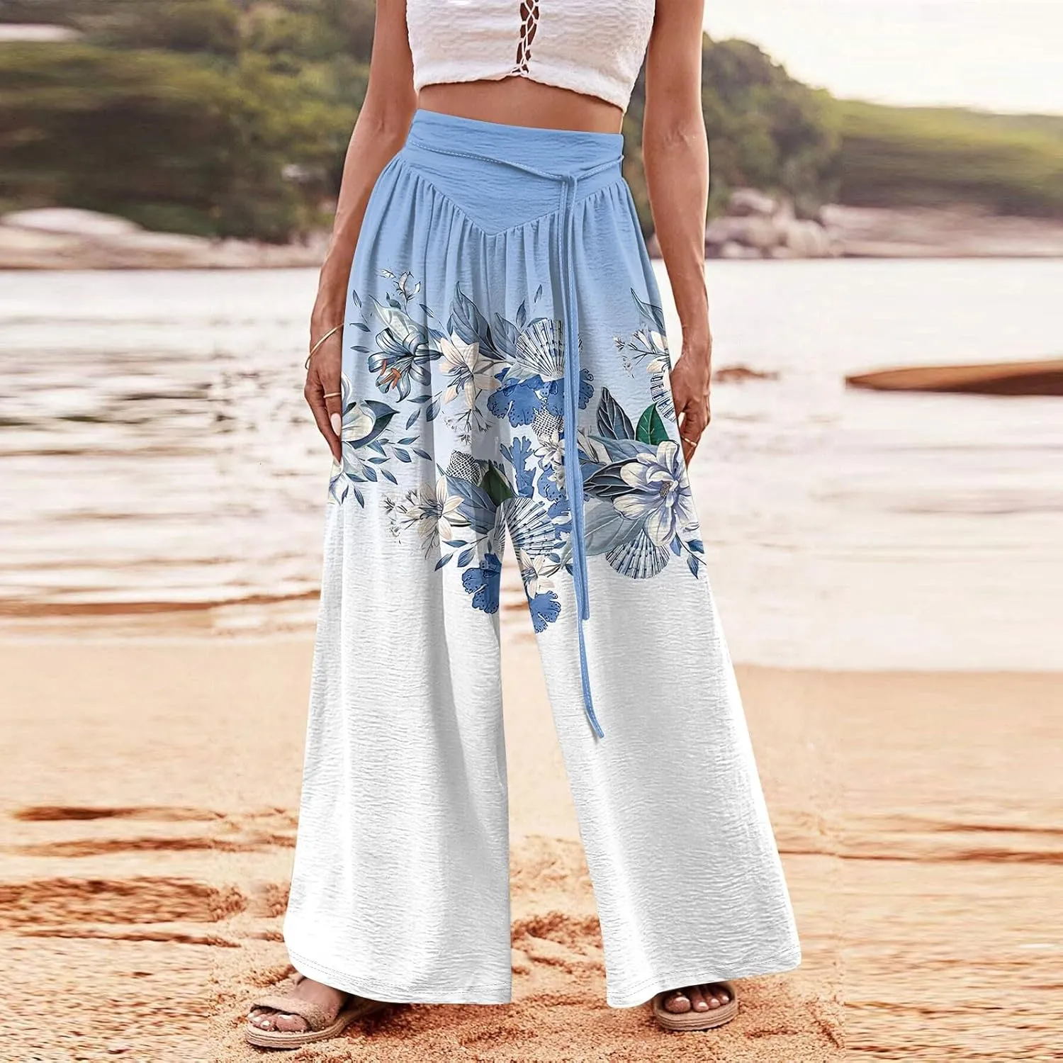 Women Casual High Waist Wide Leg Pants Fall Floral Long Lounge Beach Trousers Drawstring Flowy Baggy Palazzo