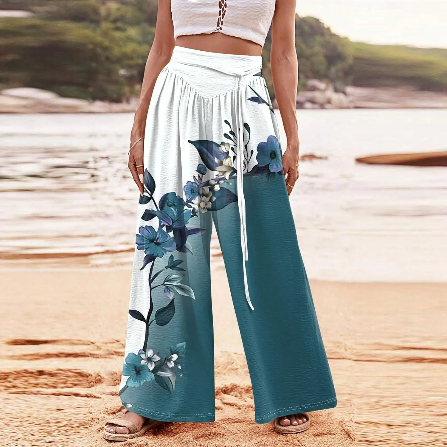 Women Casual High Waist Wide Leg Pants Fall Floral Long Lounge Beach Trousers Drawstring Flowy Baggy Palazzo