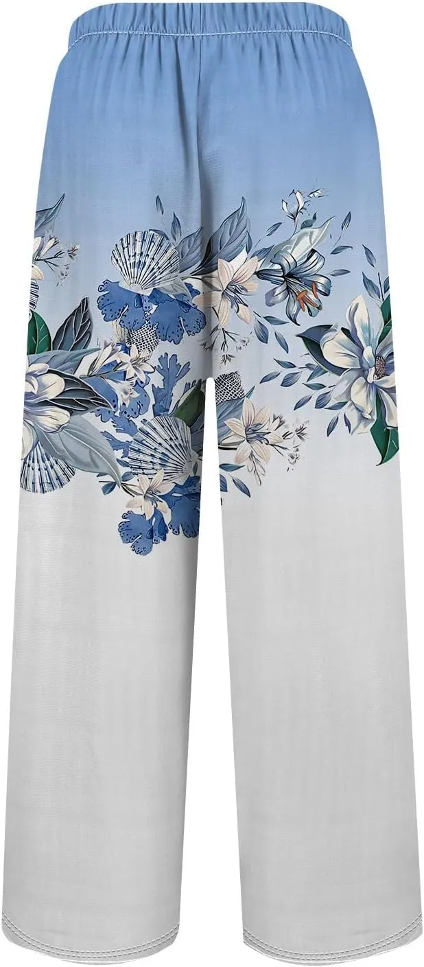 Women Casual High Waist Wide Leg Pants Fall Floral Long Lounge Beach Trousers Drawstring Flowy Baggy Palazzo
