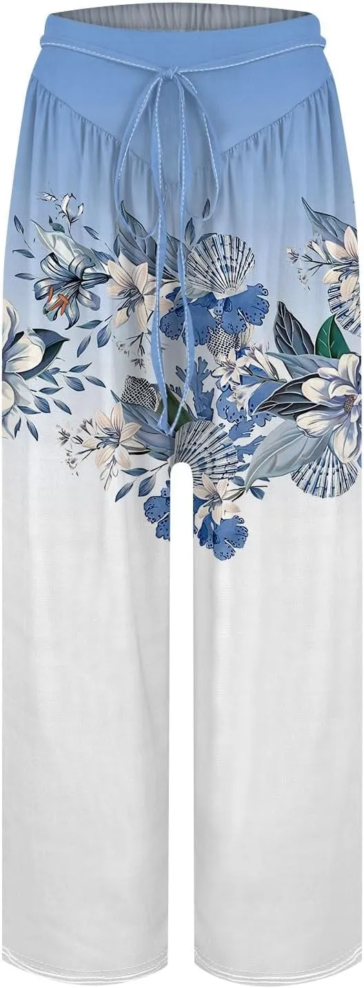 Women Casual High Waist Wide Leg Pants Fall Floral Long Lounge Beach Trousers Drawstring Flowy Baggy Palazzo