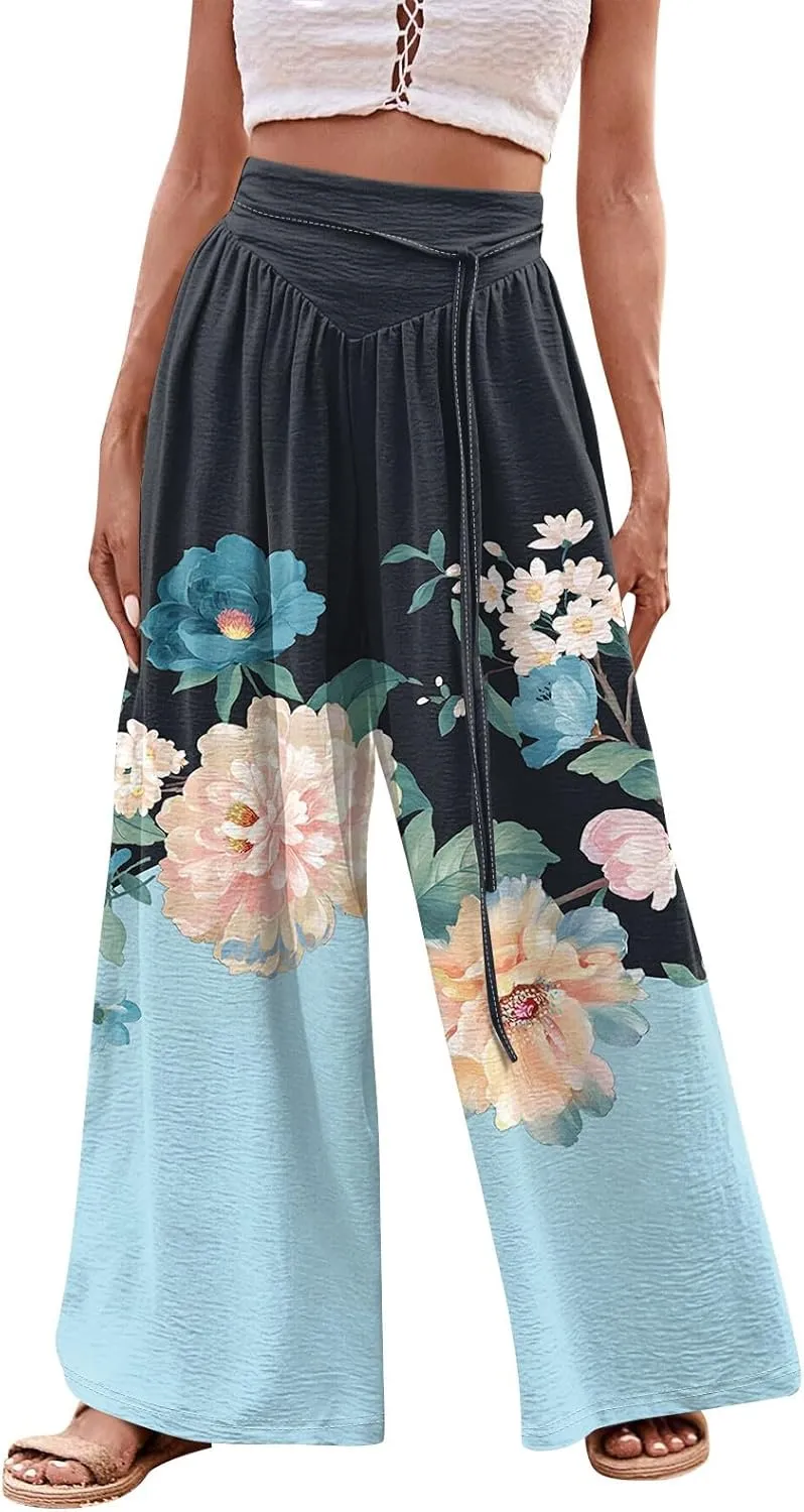 Women Casual High Waist Wide Leg Pants Fall Floral Long Lounge Beach Trousers Drawstring Flowy Baggy Palazzo