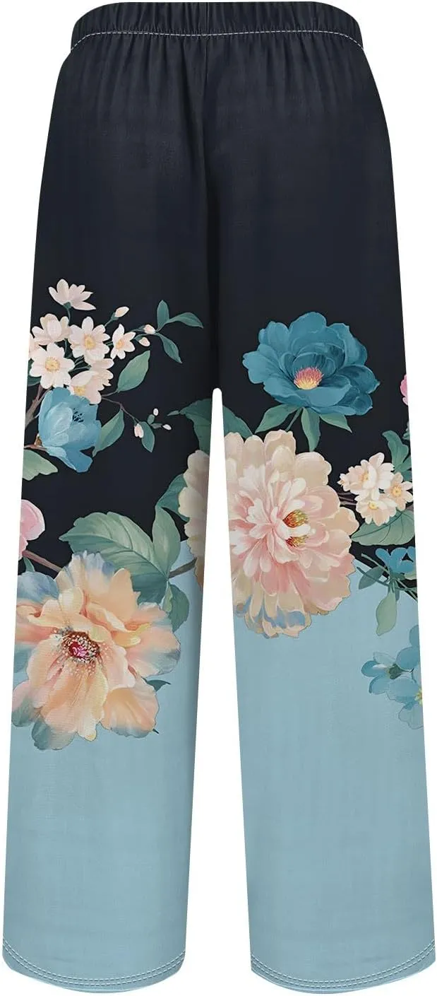 Women Casual High Waist Wide Leg Pants Fall Floral Long Lounge Beach Trousers Drawstring Flowy Baggy Palazzo
