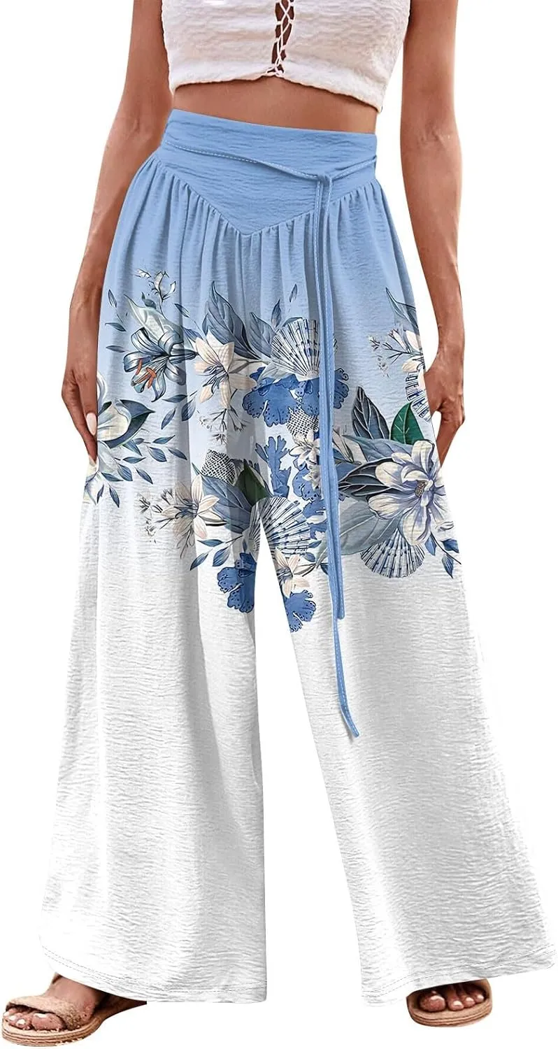 Women Casual High Waist Wide Leg Pants Fall Floral Long Lounge Beach Trousers Drawstring Flowy Baggy Palazzo