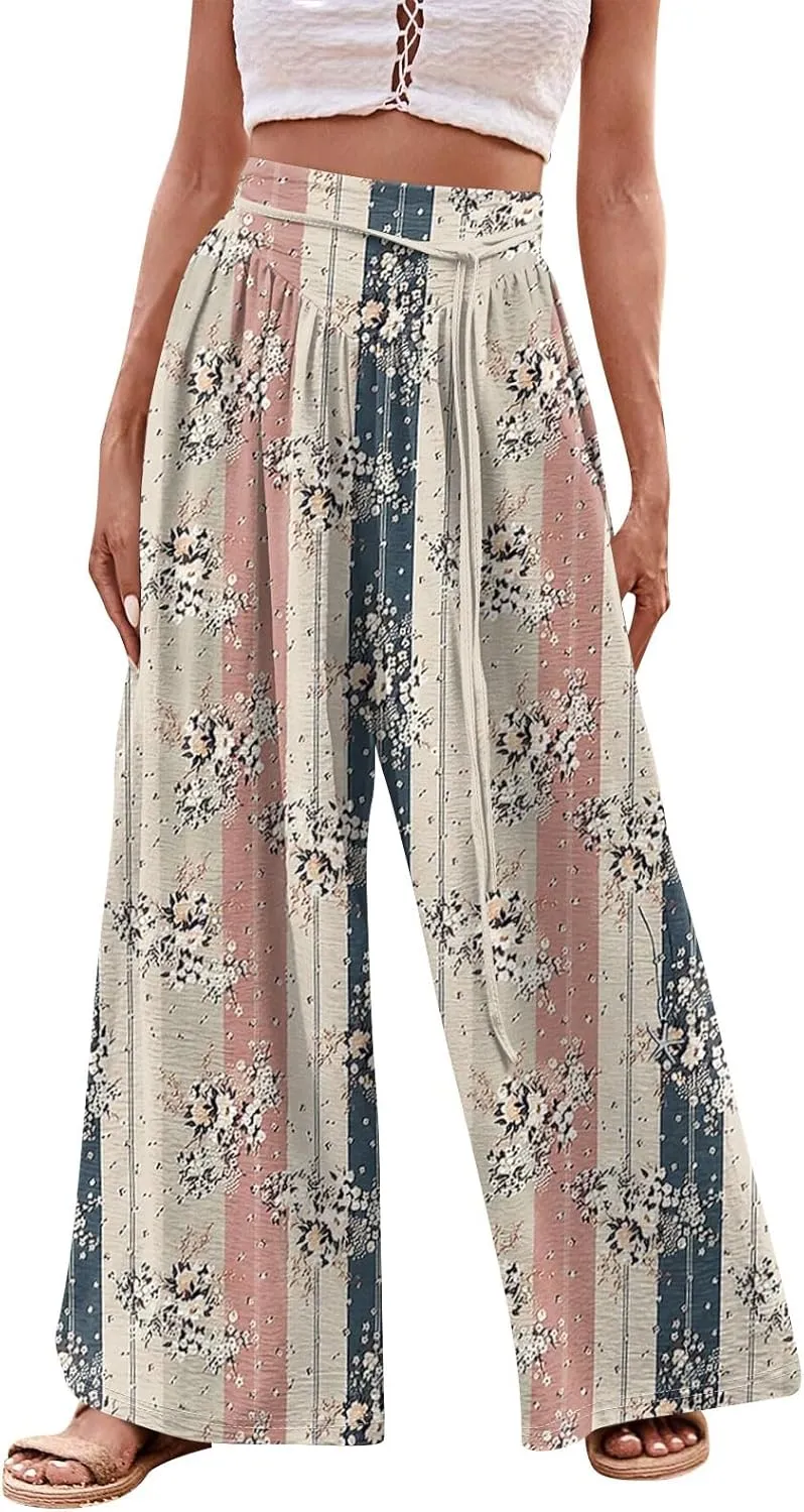Women Casual High Waist Wide Leg Pants Fall Floral Long Lounge Beach Trousers Drawstring Flowy Baggy Palazzo