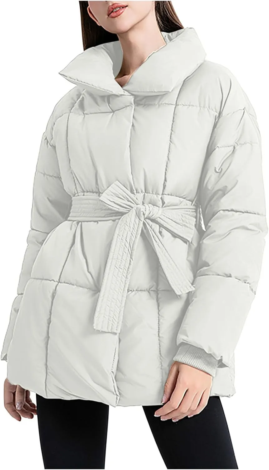 Women's 2024 Winter Coats Long Sleeve Zip Puffer Jacket Pockets Baggy Down Coats with Belted Trendy Warm Outerwear