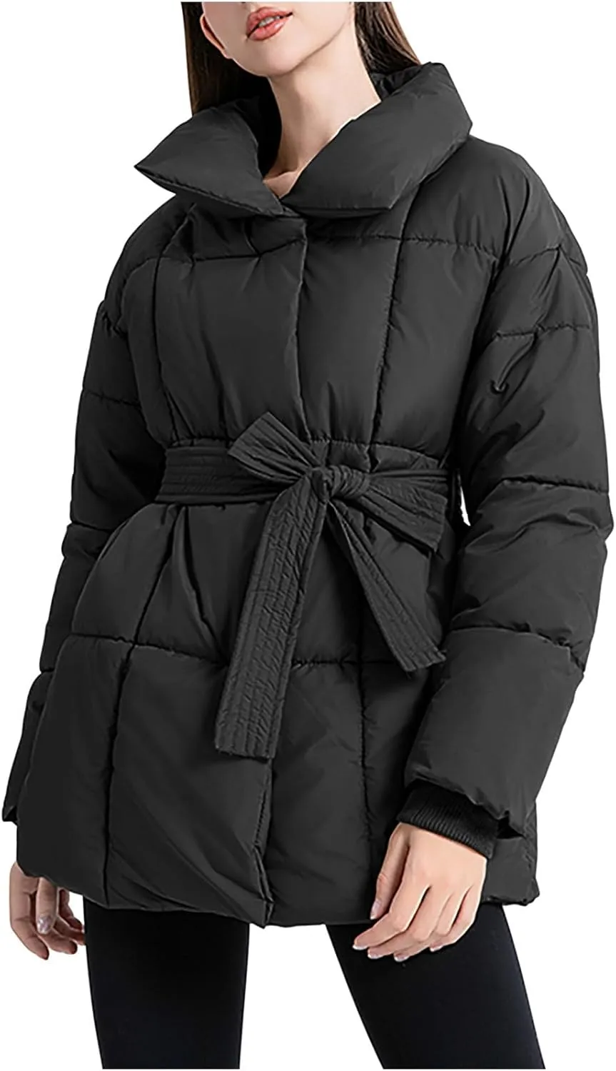 Women's 2024 Winter Coats Long Sleeve Zip Puffer Jacket Pockets Baggy Down Coats with Belted Trendy Warm Outerwear