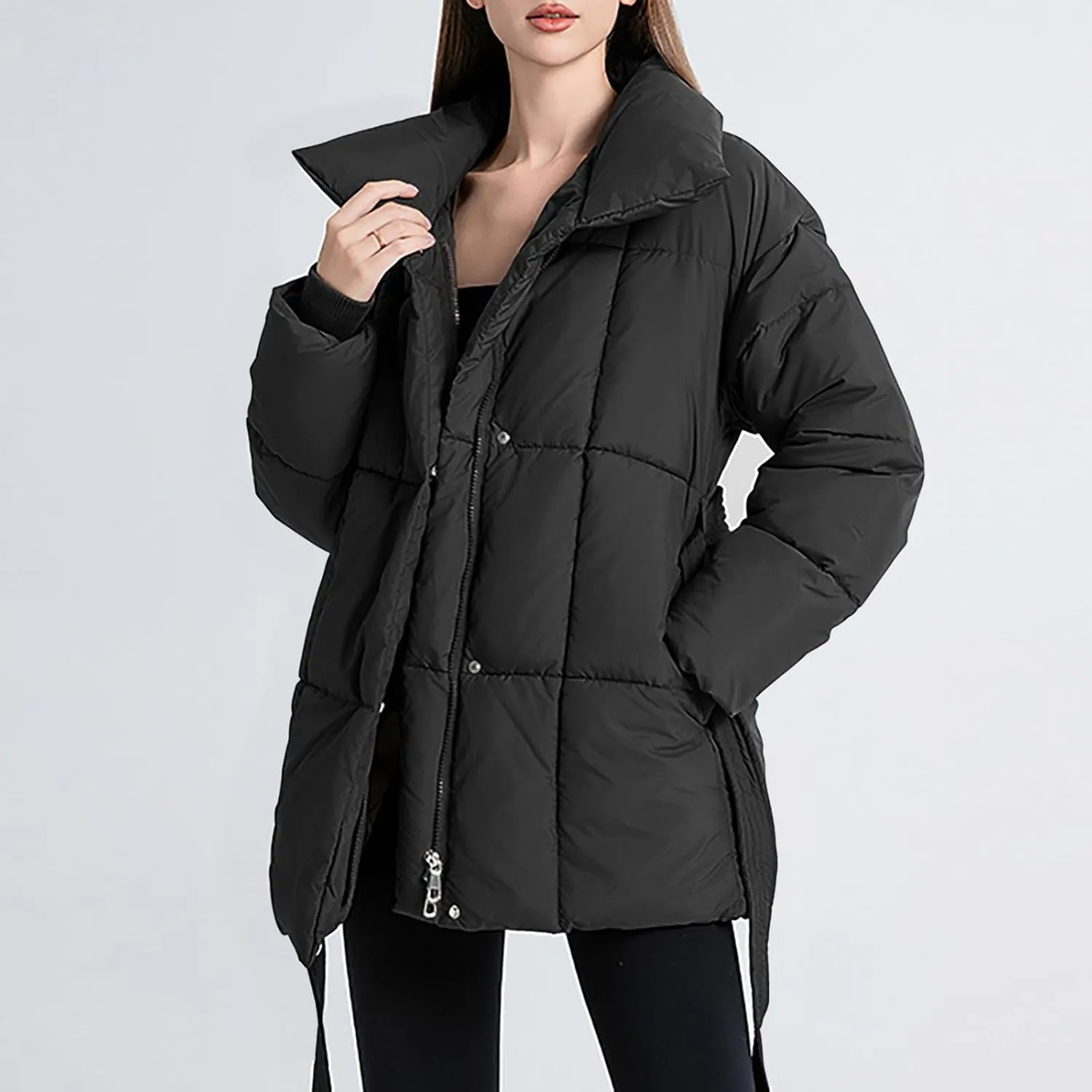 Women's 2024 Winter Coats Long Sleeve Zip Puffer Jacket Pockets Baggy Down Coats with Belted Trendy Warm Outerwear