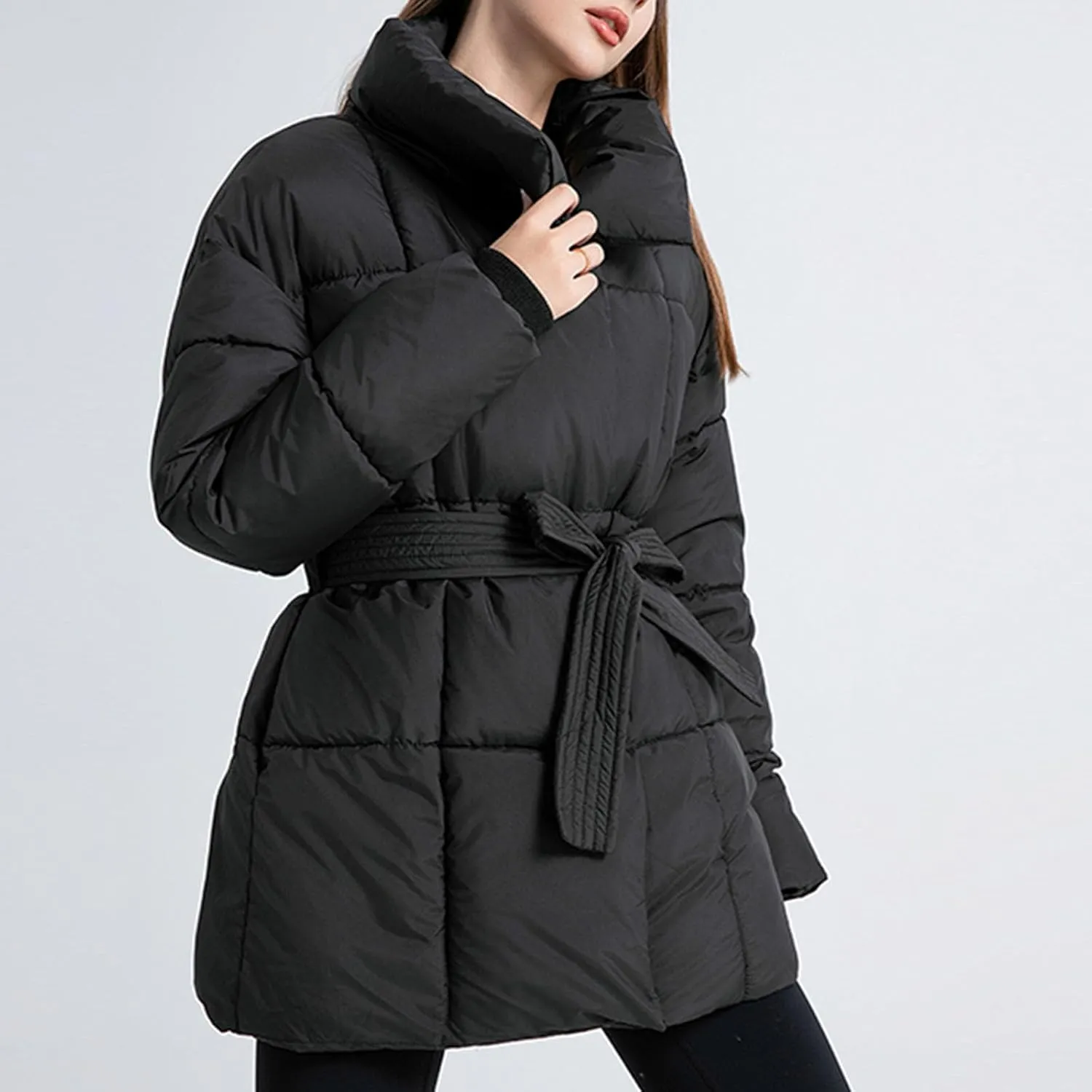 Women's 2024 Winter Coats Long Sleeve Zip Puffer Jacket Pockets Baggy Down Coats with Belted Trendy Warm Outerwear