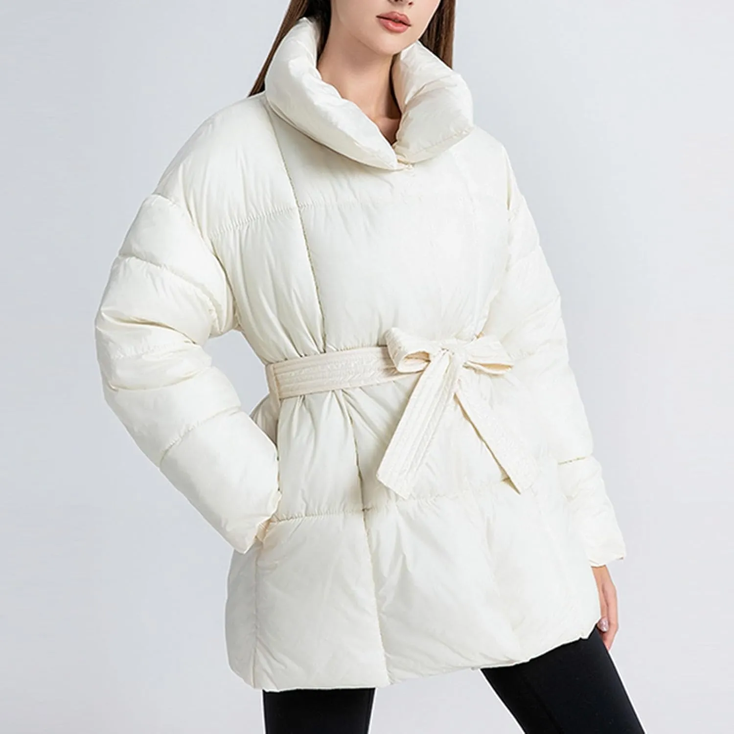 Women's 2024 Winter Coats Long Sleeve Zip Puffer Jacket Pockets Baggy Down Coats with Belted Trendy Warm Outerwear