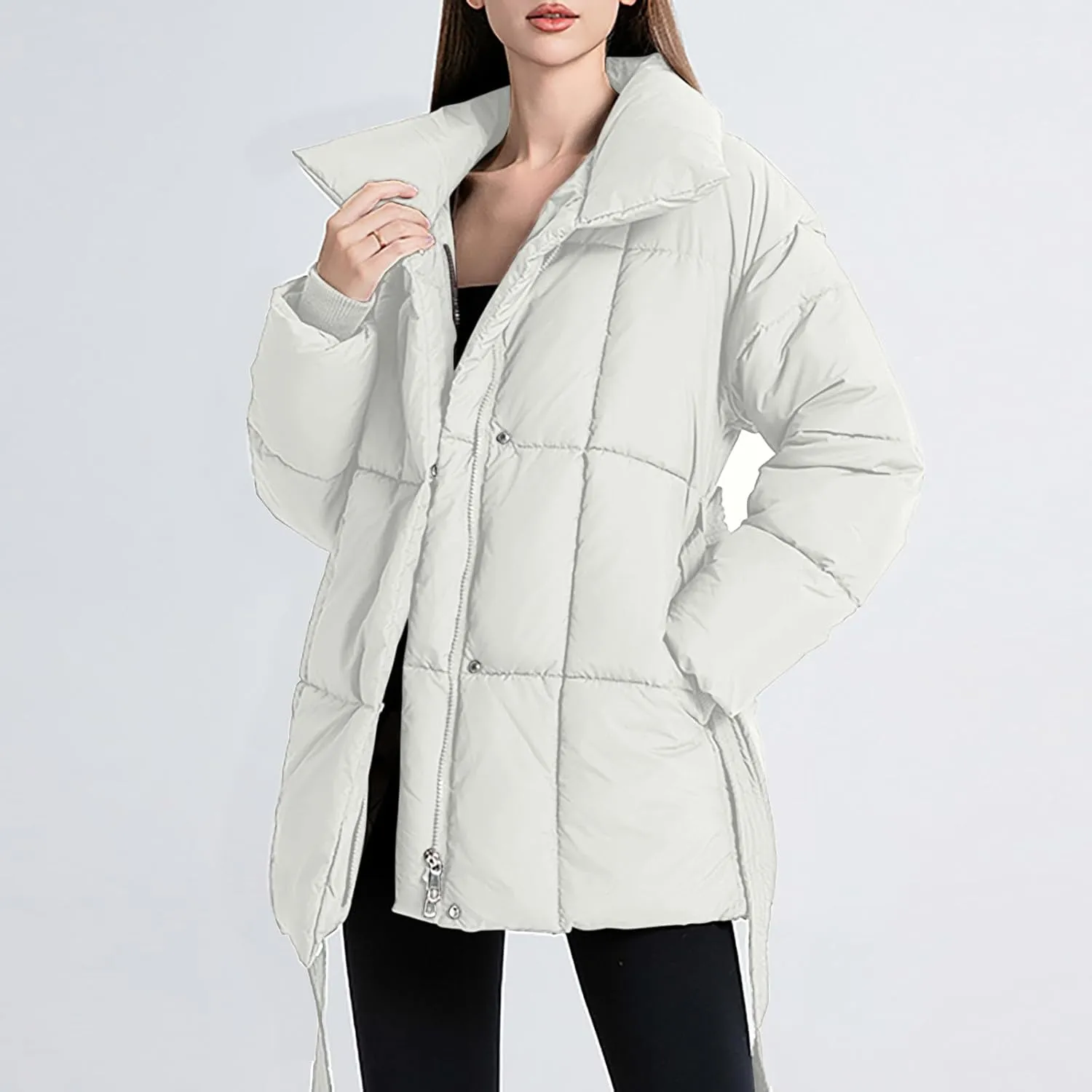 Women's 2024 Winter Coats Long Sleeve Zip Puffer Jacket Pockets Baggy Down Coats with Belted Trendy Warm Outerwear