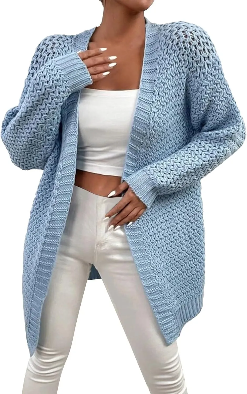 Womens Classic Long Sleeve Knit Cardigan Sweaters Casual Open Front Cardigan Cable Knit Chunky Outwear Lightweight Coats