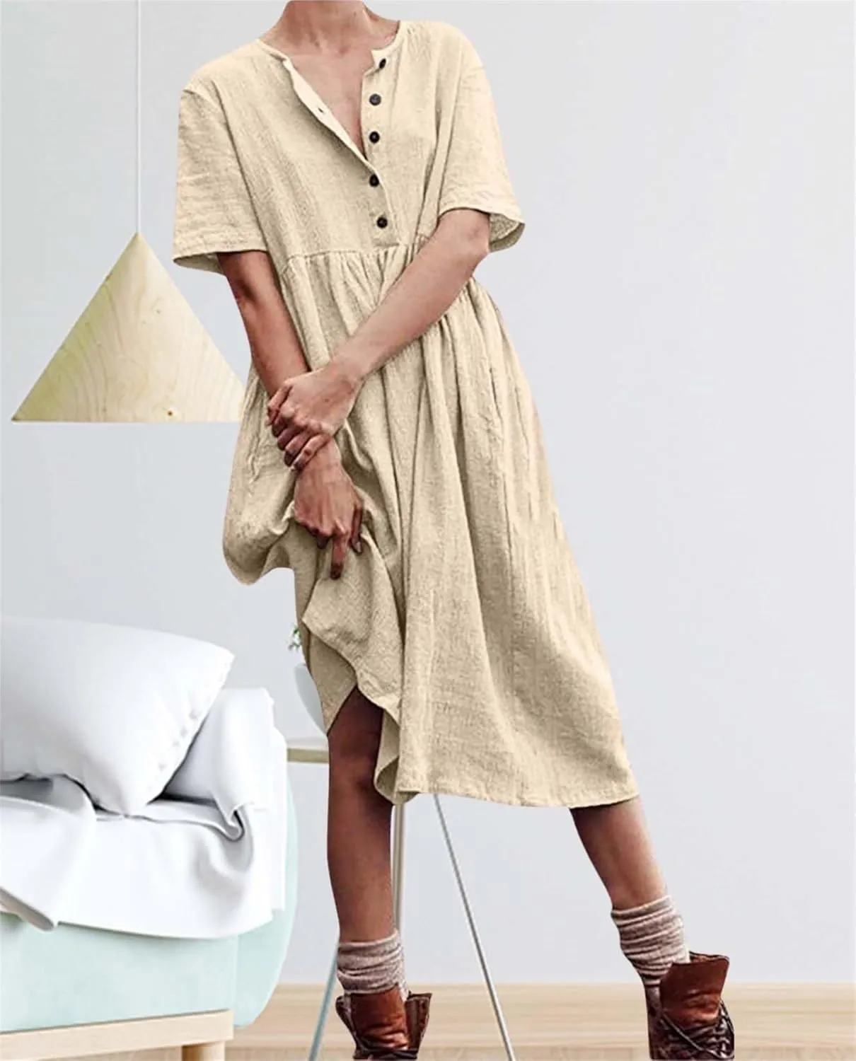 Womens Cotton Linen Midi Dress Button Down Casual Loose Short Sleeve Crew Neck Slim Dresses Cute Beach Flowy Dresses