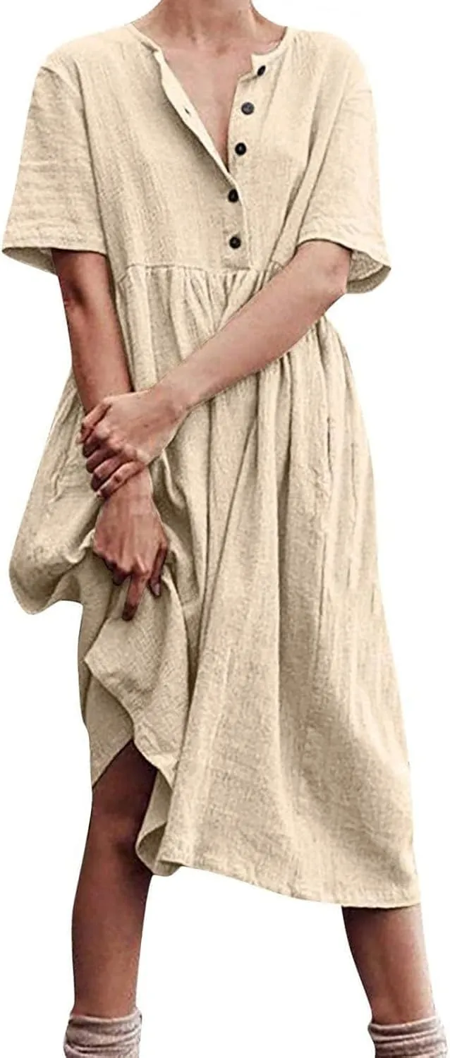 Womens Cotton Linen Midi Dress Button Down Casual Loose Short Sleeve Crew Neck Slim Dresses Cute Beach Flowy Dresses