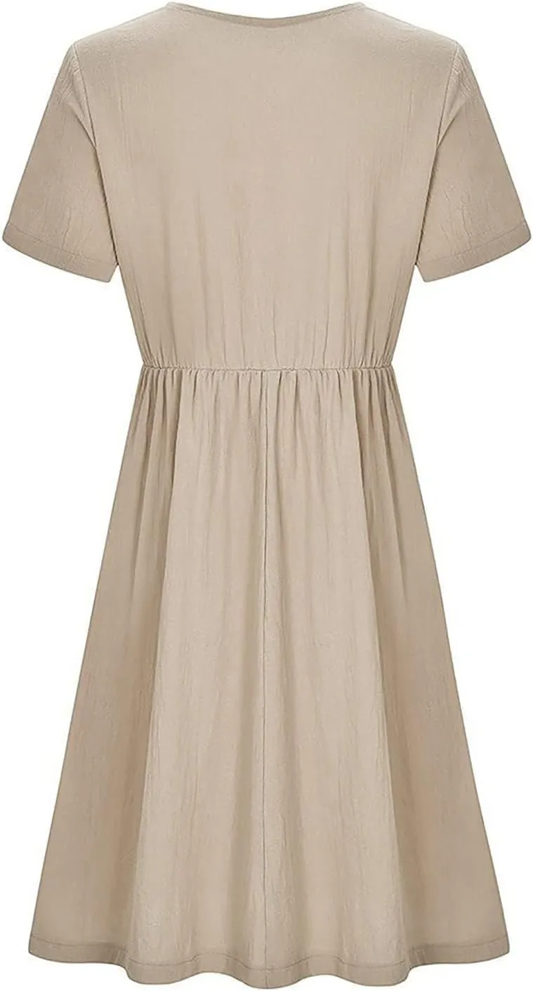 Womens Cotton Linen Midi Dress Button Down Casual Loose Short Sleeve Crew Neck Slim Dresses Cute Beach Flowy Dresses