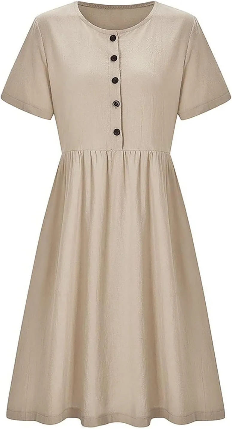 Womens Cotton Linen Midi Dress Button Down Casual Loose Short Sleeve Crew Neck Slim Dresses Cute Beach Flowy Dresses