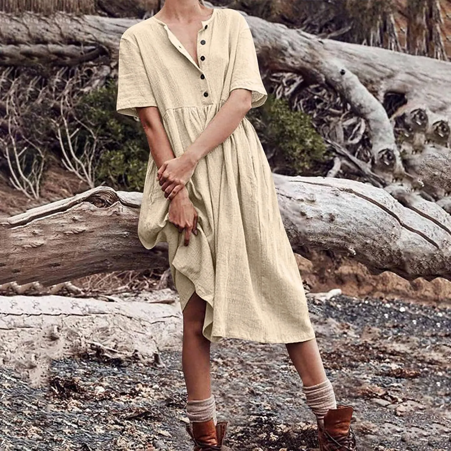 Womens Cotton Linen Midi Dress Button Down Casual Loose Short Sleeve Crew Neck Slim Dresses Cute Beach Flowy Dresses