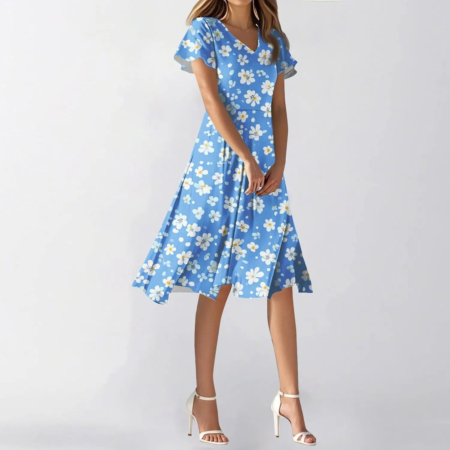 Womens Dresses for Wedding GuestSpring Long,Chiffon Midi Dress Below The Knee Length Ruffle Hem Dressess