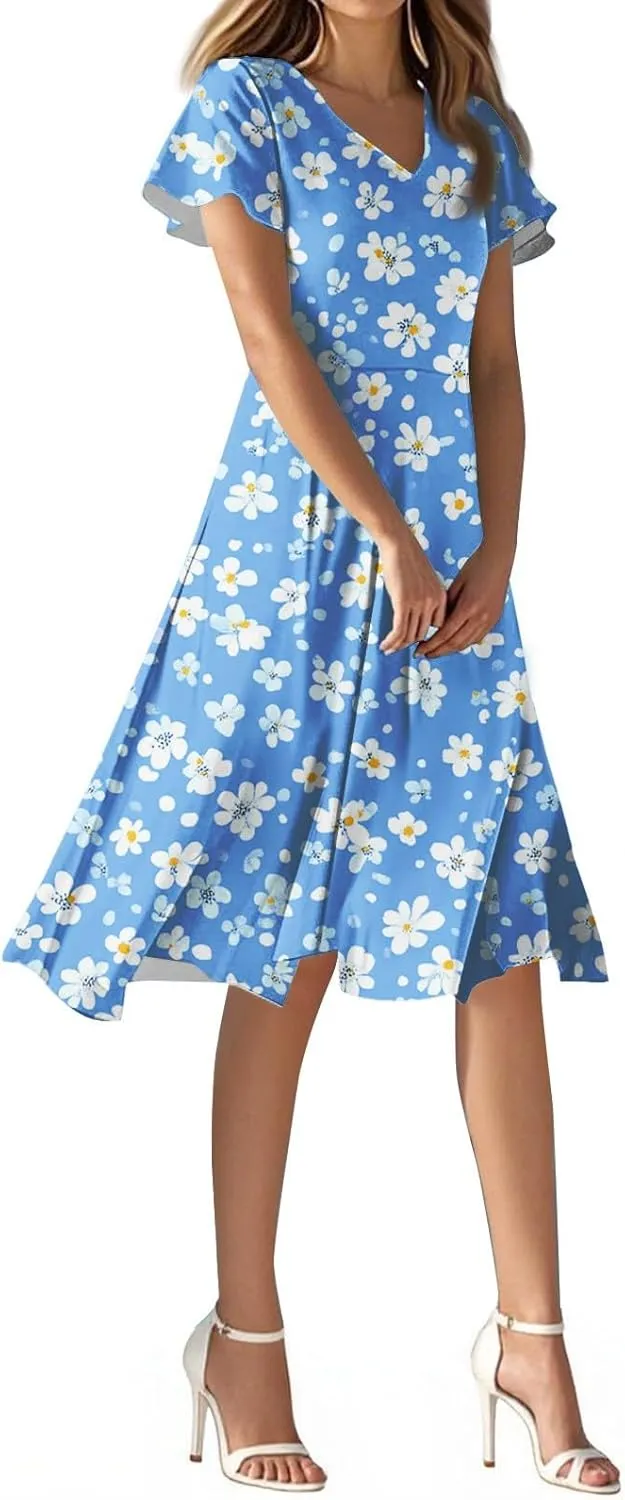 Womens Dresses for Wedding GuestSpring Long,Chiffon Midi Dress Below The Knee Length Ruffle Hem Dressess