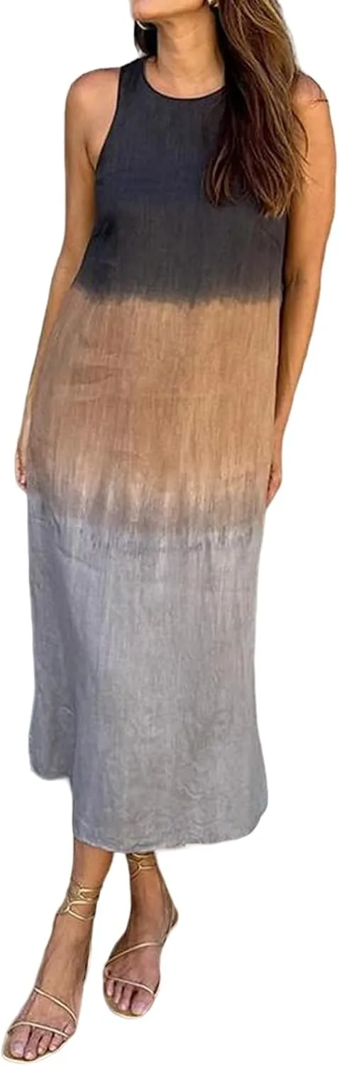 Women's Linen Sleeveless Crew Neck Tank Slit Maxi Dress Casual Gradient Lounge Beach Vacation Trendy Fashion Dresses