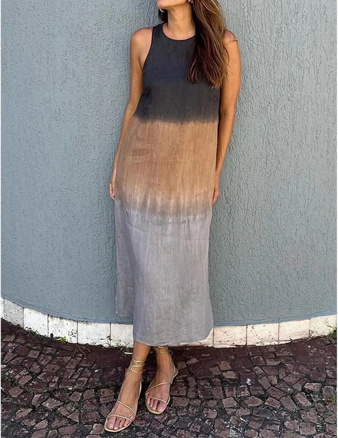 Women's Linen Sleeveless Crew Neck Tank Slit Maxi Dress Casual Gradient Lounge Beach Vacation Trendy Fashion Dresses