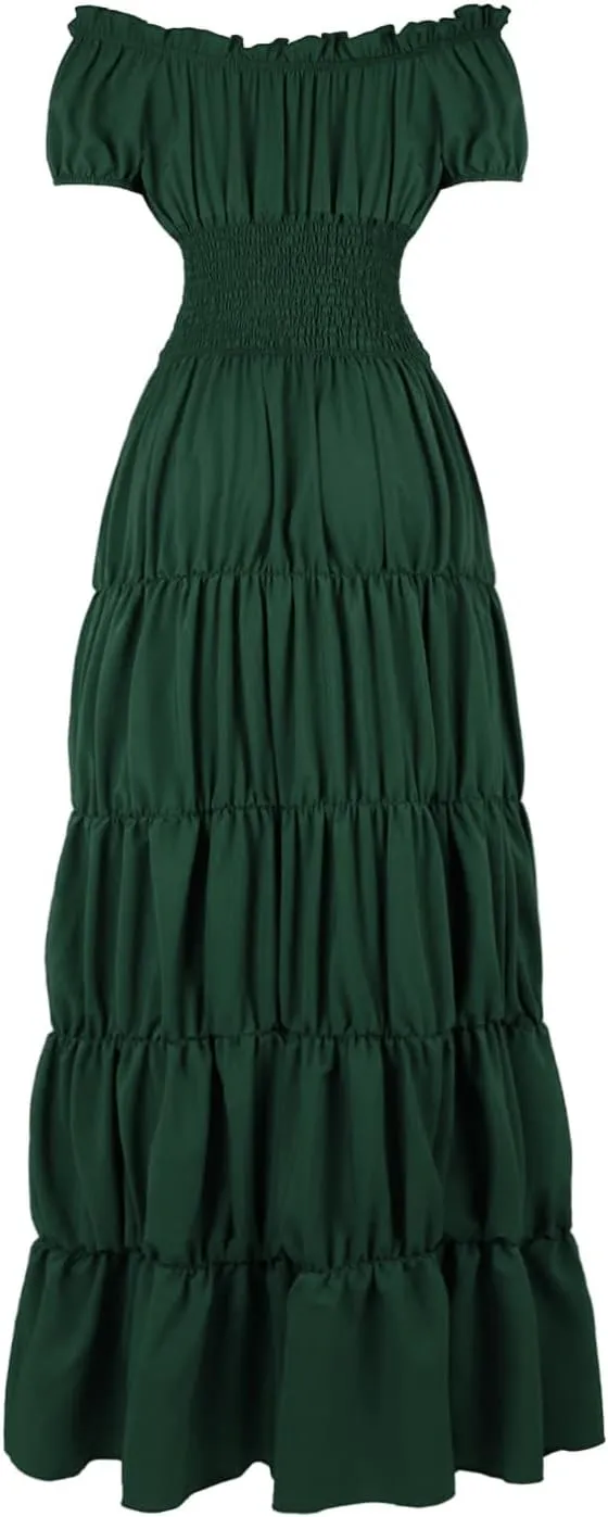 Womens Renaissance Costume Dress Medieval Square Neck Short Puff Sleeve Midi Dress Smocked Flowy Tiered Dresses