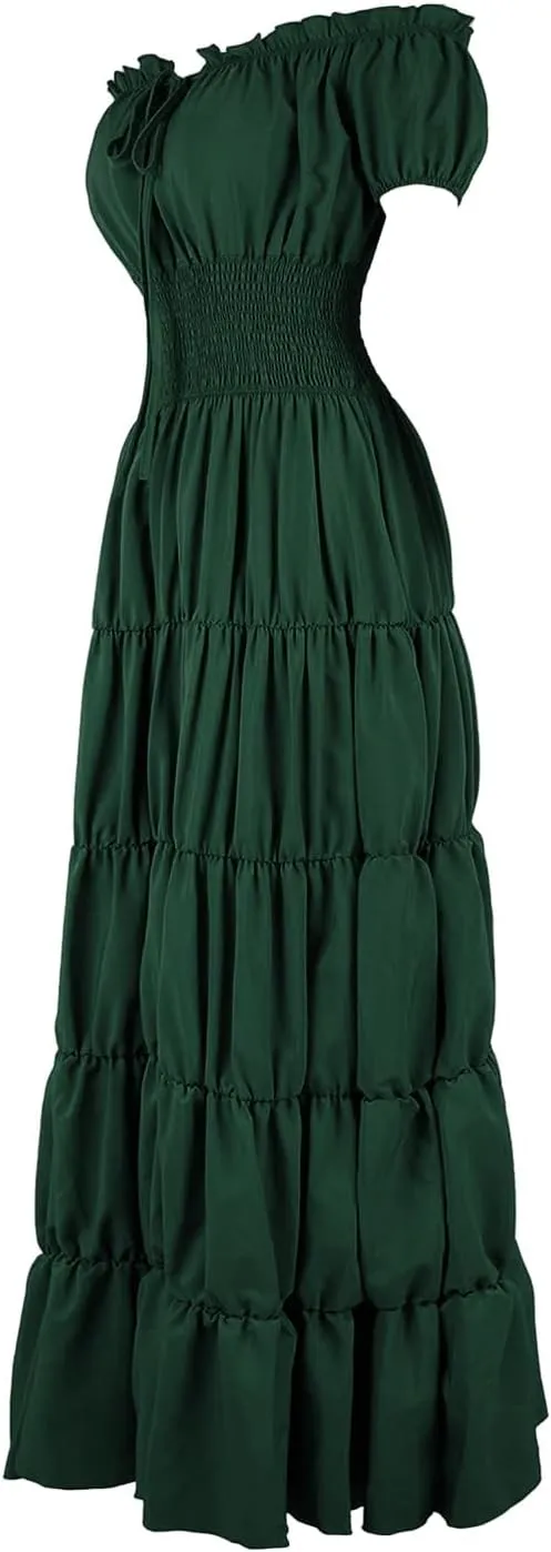 Womens Renaissance Costume Dress Medieval Square Neck Short Puff Sleeve Midi Dress Smocked Flowy Tiered Dresses