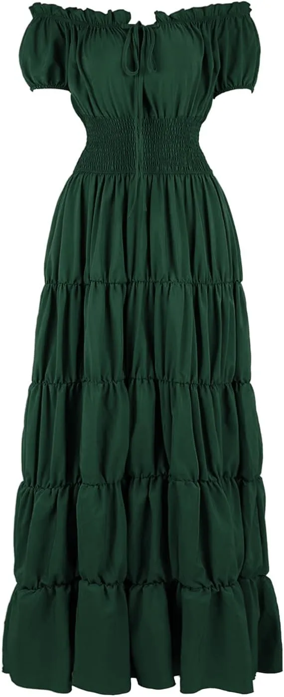 Womens Renaissance Costume Dress Medieval Square Neck Short Puff Sleeve Midi Dress Smocked Flowy Tiered Dresses