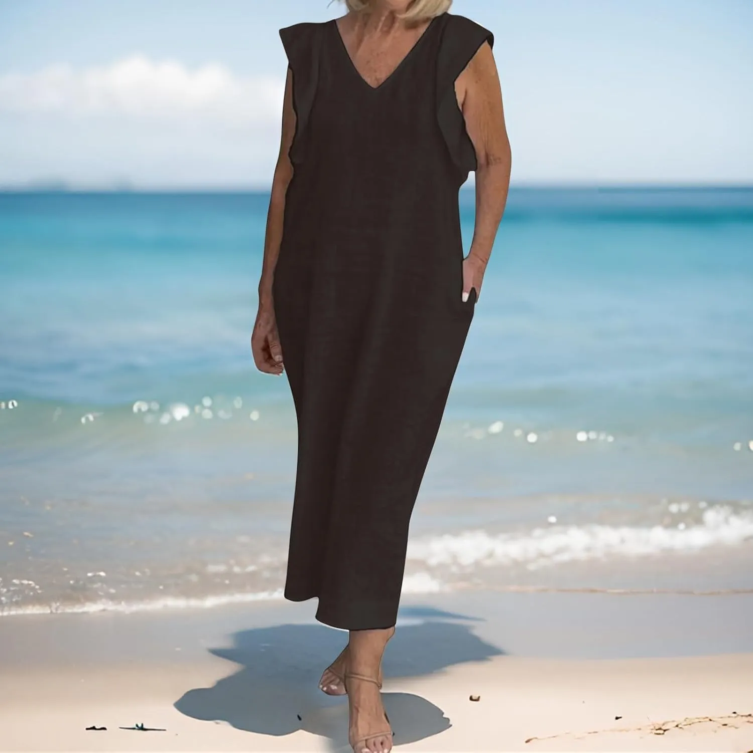 Womens Summer Casual Tank Dress Sleeveless V Neck Cotton Linen Maxi Dress Loose Flowy Beach Long Sundress with Pocket