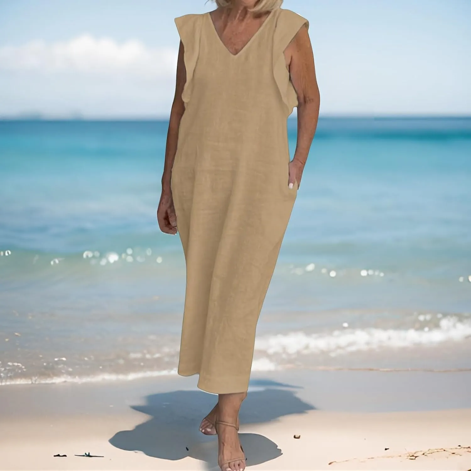 Womens Summer Casual Tank Dress Sleeveless V Neck Cotton Linen Maxi Dress Loose Flowy Beach Long Sundress with Pocket