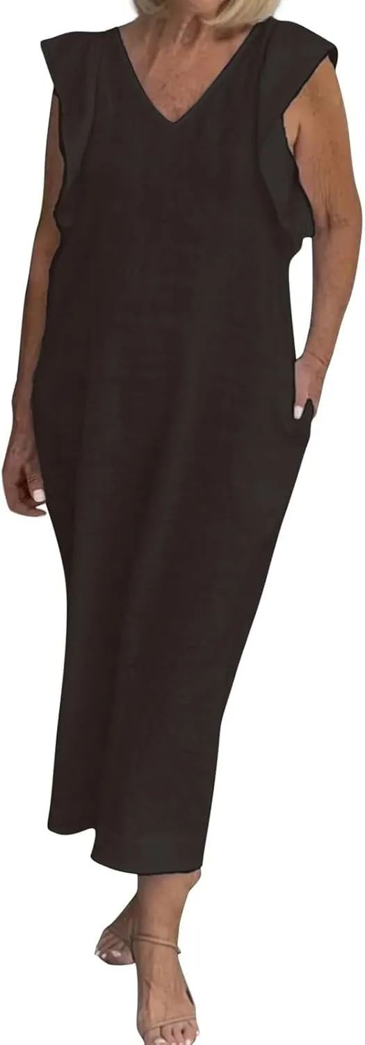 Womens Summer Casual Tank Dress Sleeveless V Neck Cotton Linen Maxi Dress Loose Flowy Beach Long Sundress with Pocket