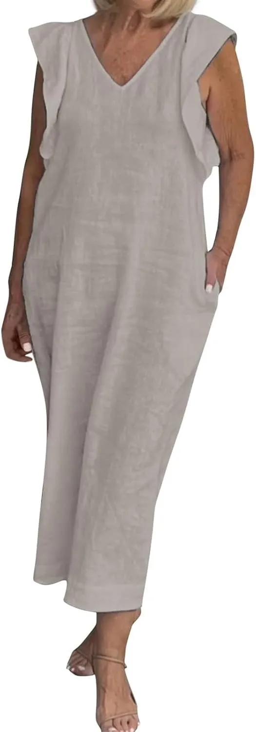 Womens Summer Casual Tank Dress Sleeveless V Neck Cotton Linen Maxi Dress Loose Flowy Beach Long Sundress with Pocket