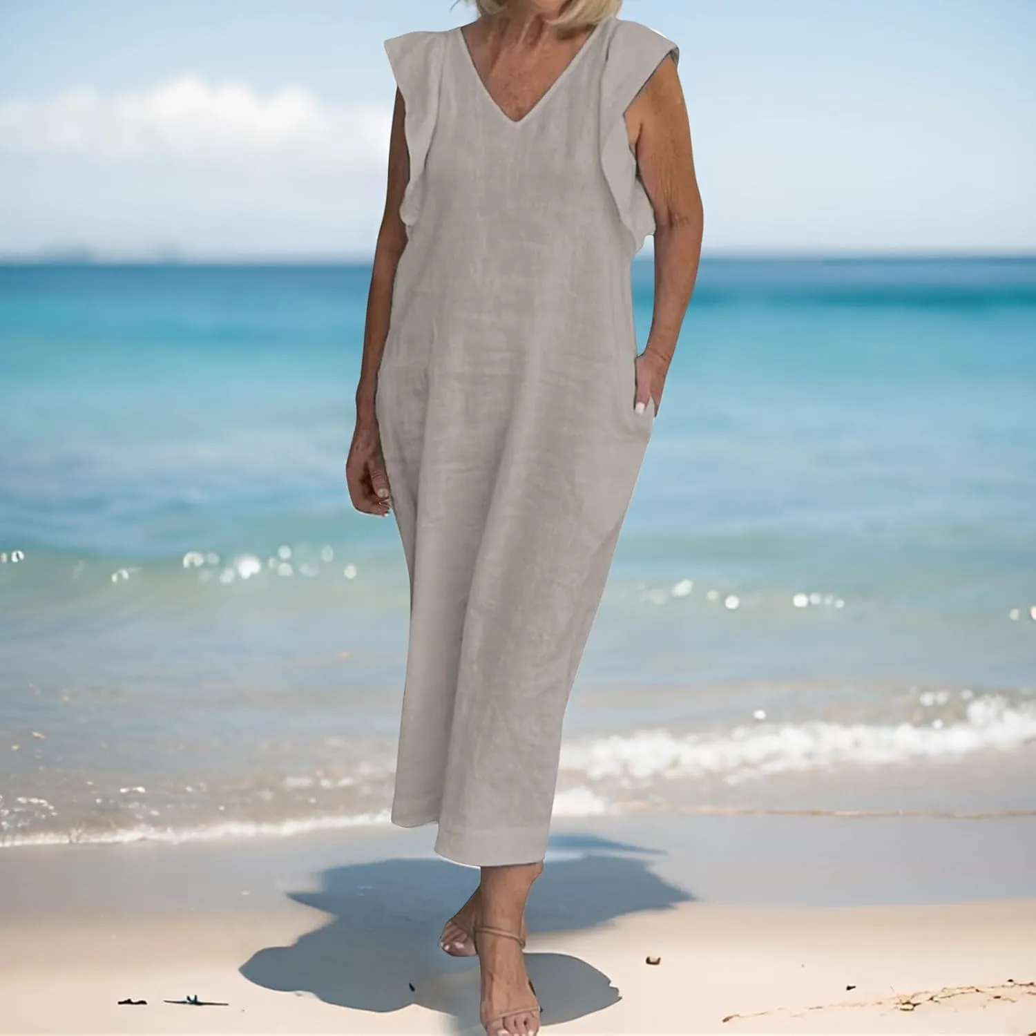 Womens Summer Casual Tank Dress Sleeveless V Neck Cotton Linen Maxi Dress Loose Flowy Beach Long Sundress with Pocket