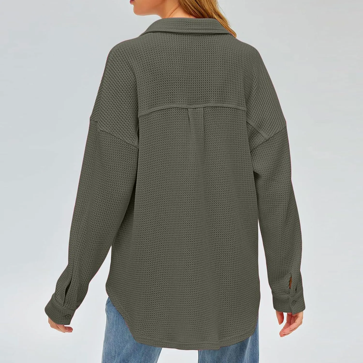 Womens Waffle Knit Shacket Jacket Casual Boyfriend Button Down Shirts Dressy Blouses Oversized Long Sleeve Tunic Tops