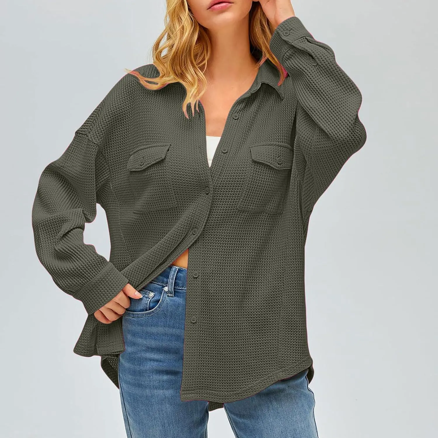 Womens Waffle Knit Shacket Jacket Casual Boyfriend Button Down Shirts Dressy Blouses Oversized Long Sleeve Tunic Tops