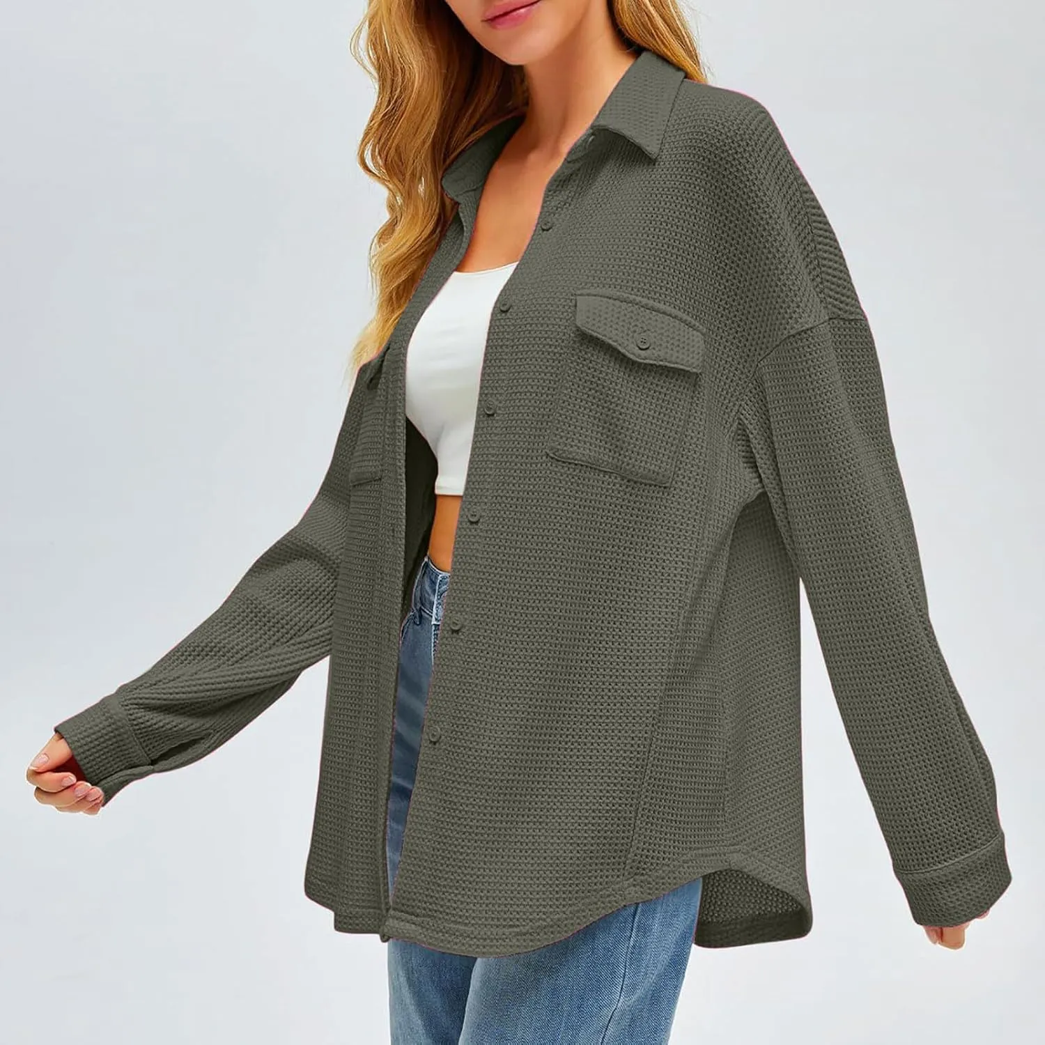 Womens Waffle Knit Shacket Jacket Casual Boyfriend Button Down Shirts Dressy Blouses Oversized Long Sleeve Tunic Tops