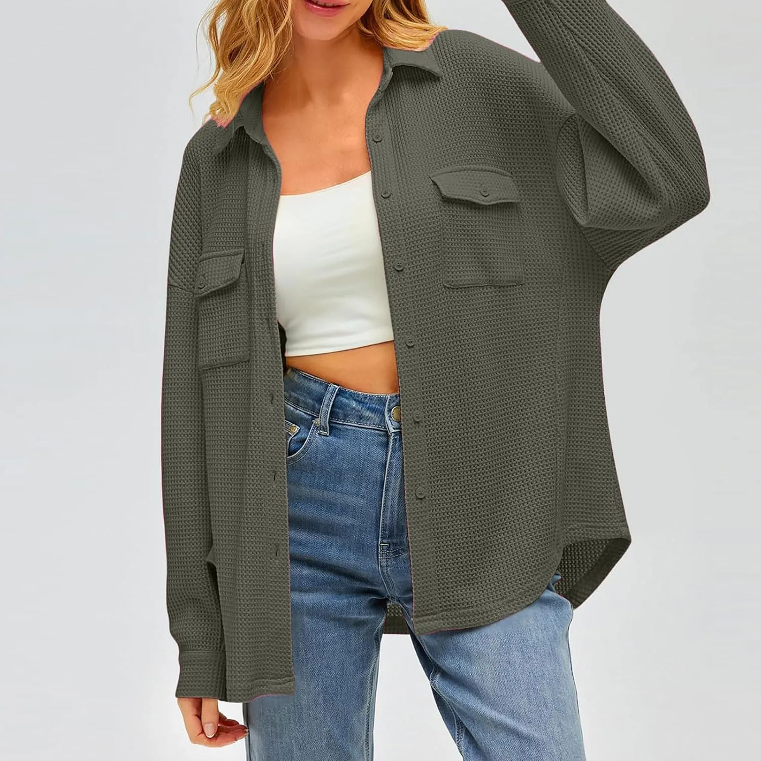 Womens Waffle Knit Shacket Jacket Casual Boyfriend Button Down Shirts Dressy Blouses Oversized Long Sleeve Tunic Tops