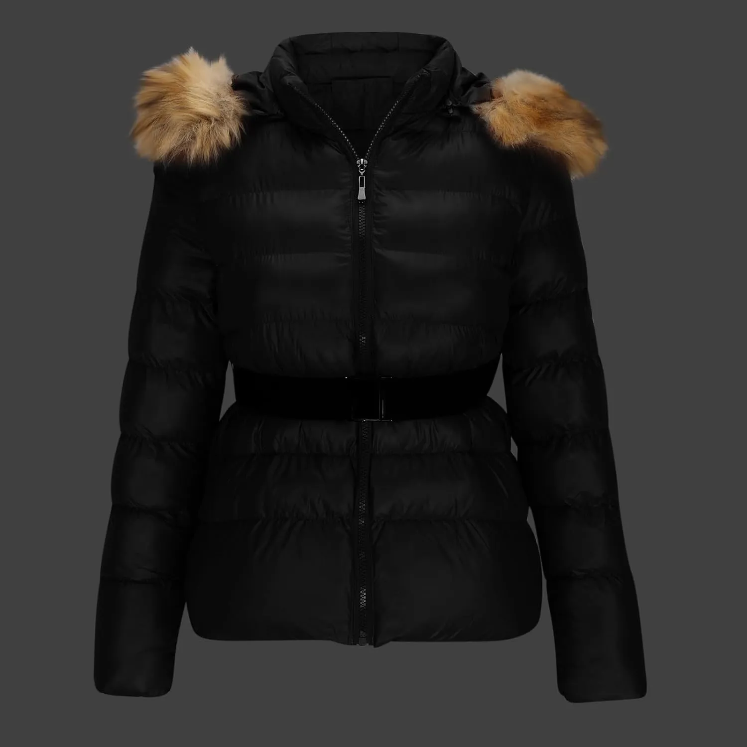 XUNRYAN Teen Girls Winter Warm Down Coat Cropped Puffer Jackets Faux-Fur Hooded Anorak Parka Thicken Ski Jackets Belted