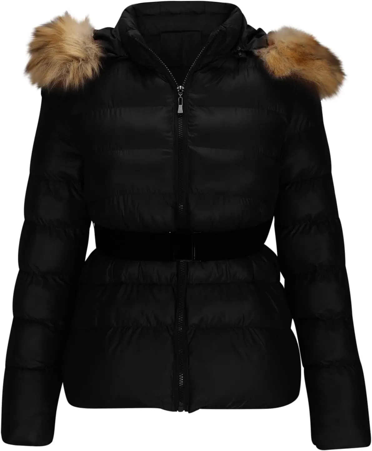 XUNRYAN Teen Girls Winter Warm Down Coat Cropped Puffer Jackets Faux-Fur Hooded Anorak Parka Thicken Ski Jackets Belted